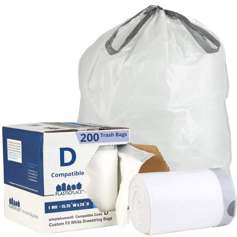 Plasticplace Trash Bags, Compatible with simplehuman Code D (200 Count) White Drawstring Garbage Liners 5.3 Gallon / 20 Liter, 15.75" x 28" - Image 1